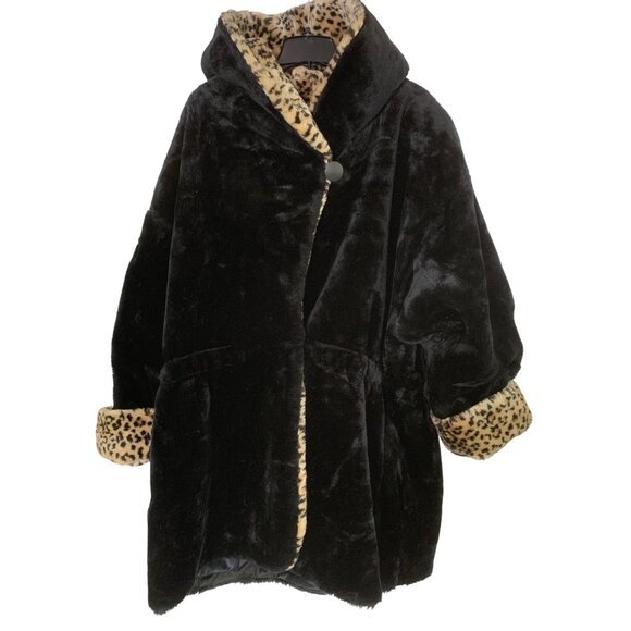 Black Faux Fur Coat Leopard Print Trim Hooded Monterey Fashions 3X RG10187 - Picture 1 of 13